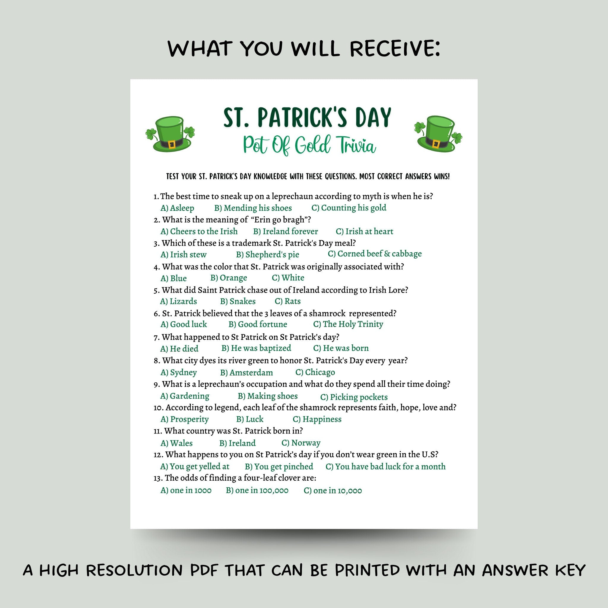 St Patricks Day Trivia Game Printable Activity Adults & Kids