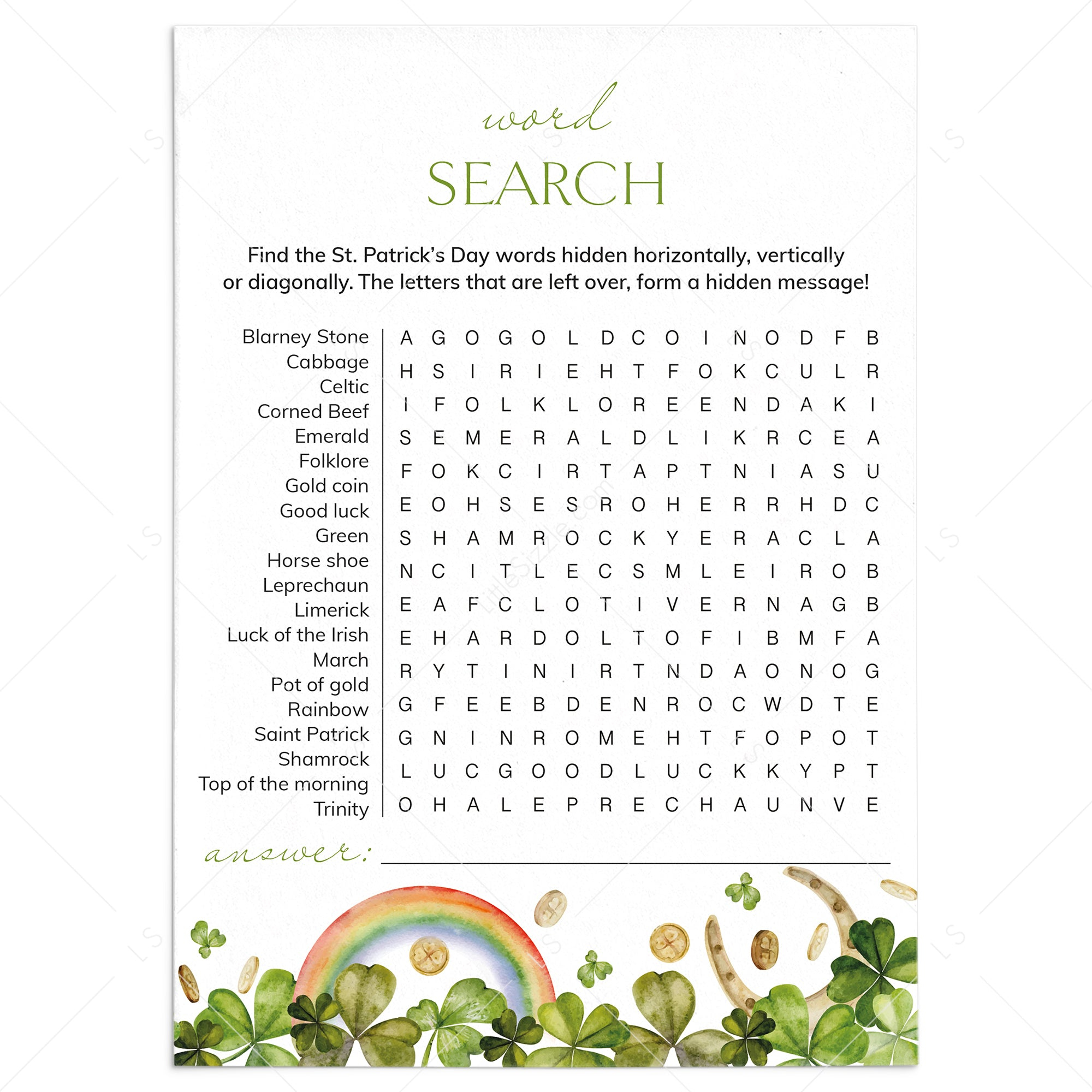 St Pattys Day Word Search Game Printable  Instant Download